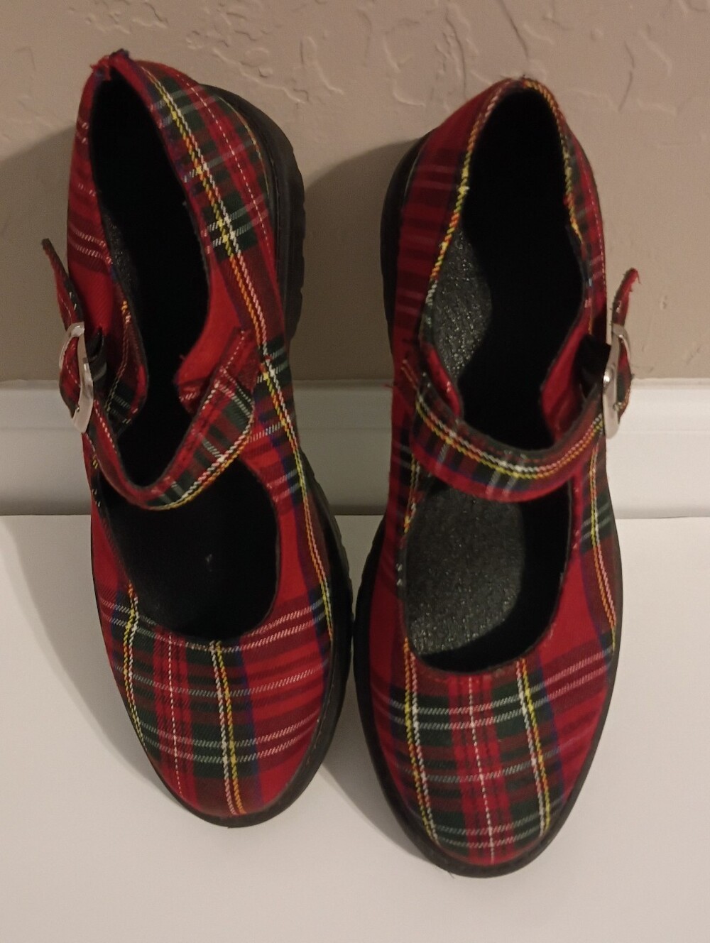 Grunge Y2K Red Plaid Tartan Chunky Mary Jane Platform Shoes Size 7 Buckle Strap